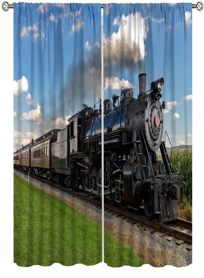 AAVEUP Trains Curtains, Blue Sky Country Field Vintage Black Steam Train Pattern Windows Treatments Rod Pocket Drapes for Kids Boys Juvenile Living Room Bedroom 42x45in（No Blackout） - Image 1